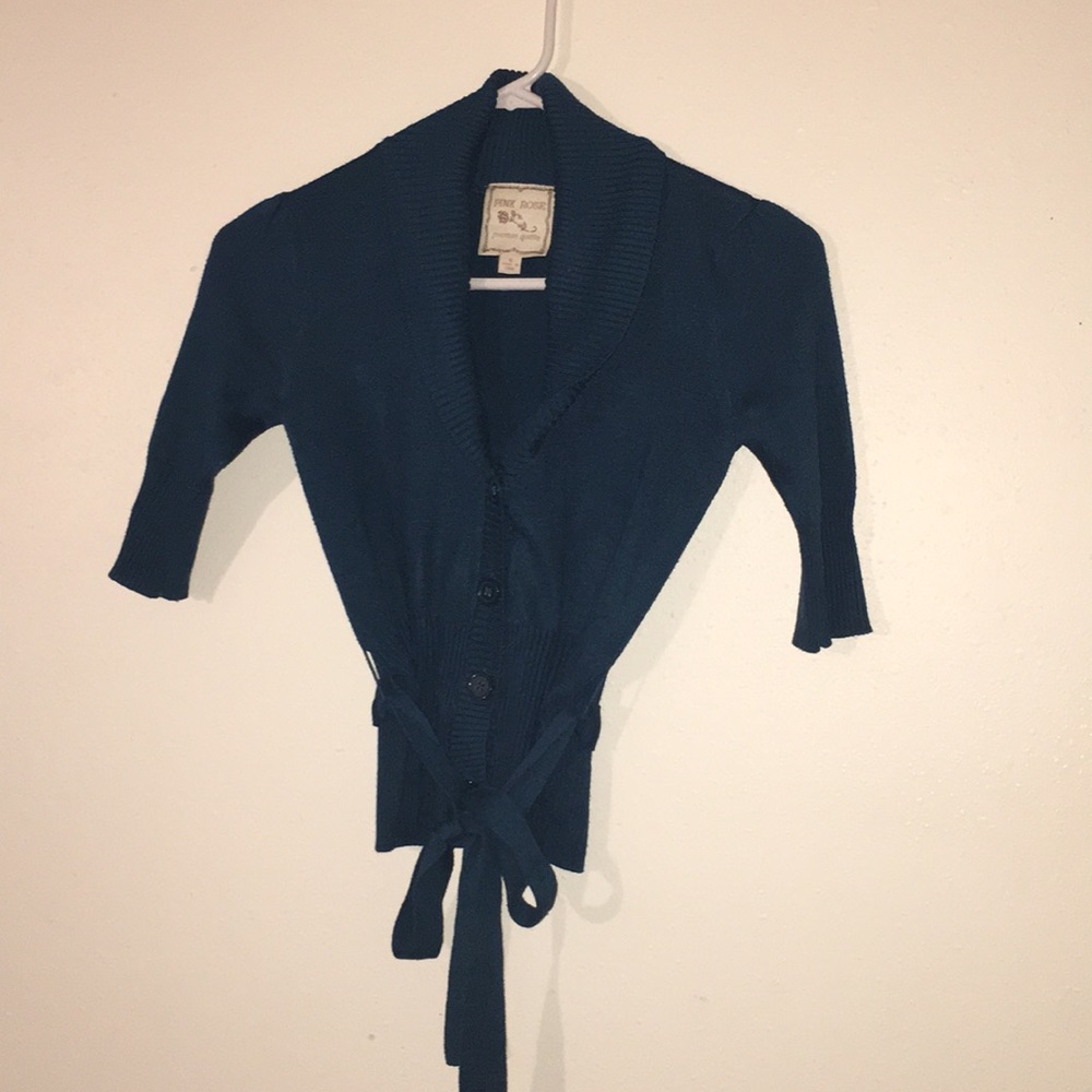 Pink Rose Blue Cardigan with Waist Tie